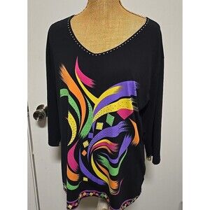 Valentina Signa Top Artsy Womens 3/4 Sleeve Studded Black Brushed Colors MEDIUM
